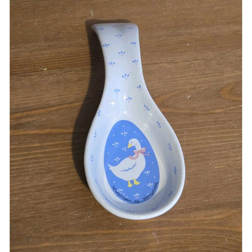 Vintage Ceramic Blue & White Country Goose Bow Flowers Spoon Rest, 1987 W.A.